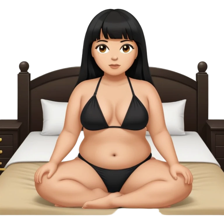 Plus size Latina female with bangs black long hair with black bikini sitting on a bed emoji