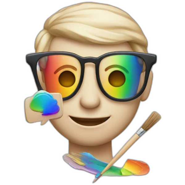 a rainbow with a human face with glasses, a smile and an artist palette by his side emoji
