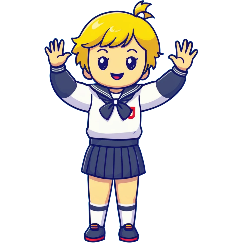 Anime girl with short bright yellow hair wearing Japanese sailor style school uniform, composed posture with hand on hip but energetically waving with other hand, excited smile and happy eyes emoji