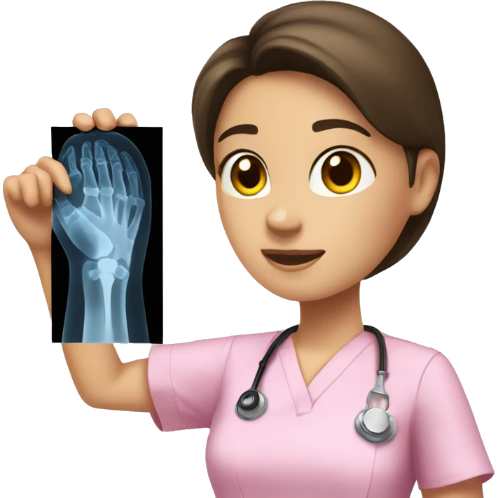 Brunette girl in pink scrubs looking at an arm X-ray  emoji