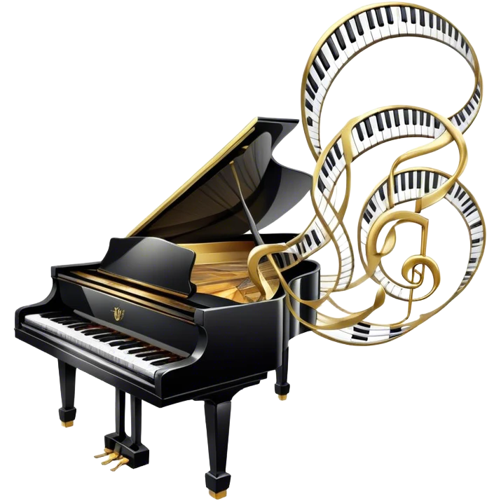 Create an elegant and festive emoji collage representing keyboard instruments, styled like a heraldic emblem. The design should feature a central focal point of black and white piano keys, arranged in a semi-circular or shield-like shape. Around the piano keys, add intertwining musical notes that form flowing ribbons, creating a dynamic and celebratory atmosphere. The design should be professional, with polished silver and gold accents on the keys and notes, highlighting the luxury and sophistication of the instruments. Add subtle shading and lighting effects to give the design a refined, 3D appearance. The background should remain transparent, and the overall feel should evoke grandeur, artistry, and a sense of celebration. emoji