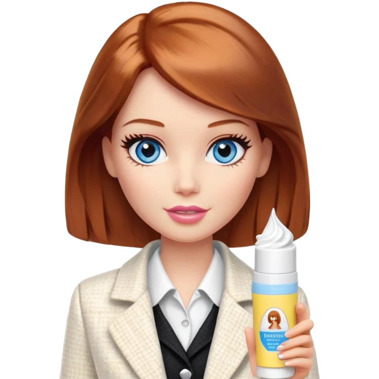 A Barbie girl with blue eyes, shoulder-length reddish-brown hair, made-up, in a white tweed jacket and black skirt, holding a tube of pale yellow face cream emoji