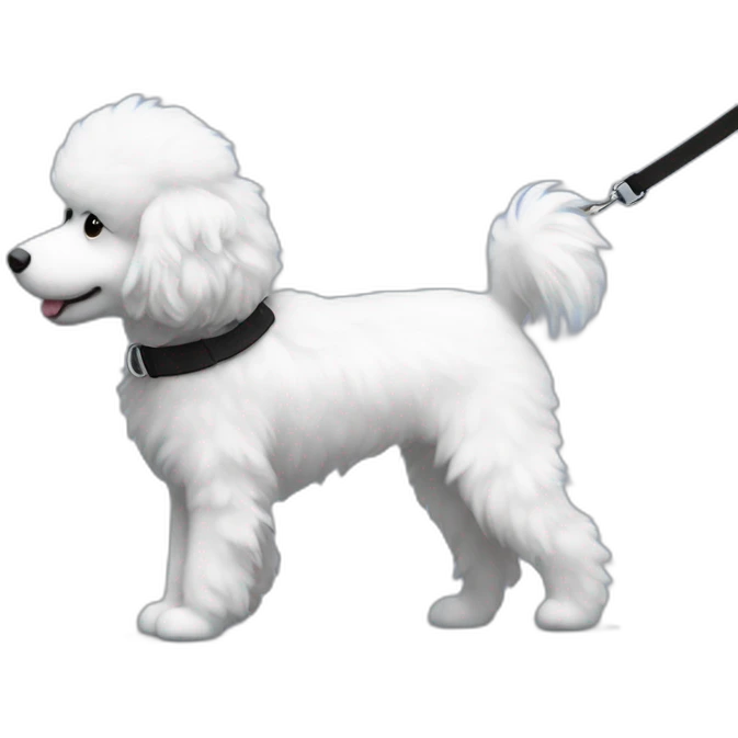side profile medium sized fluffy black and white doodle on a leash going for a walk emoji