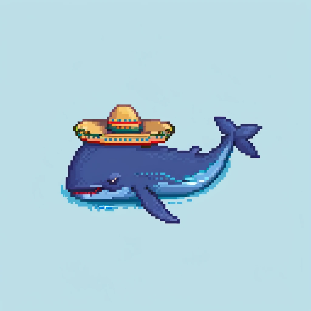 A blue whale with a colorful sombrero hat on its head, swimming in water emoji