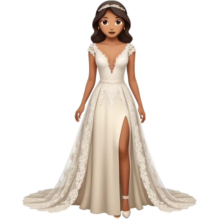 A modern lace wedding gown with a deep plunging neckline, cap sleeves, and a flowing skirt featuring two high front slits for a bold and romantic look.
 emoji