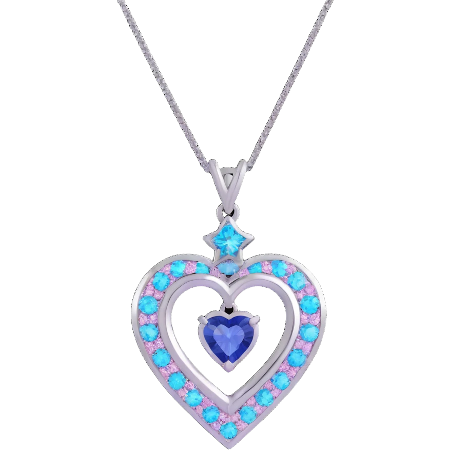 Y2K inspired pendant with round cut holographic diamond centerpiece, silver setting, blue sapphire accent, heart and star motifs, pastel and neon accents emoji