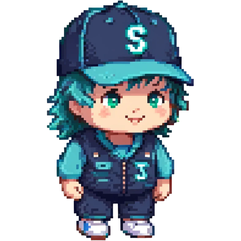 pixel art of a navy blue and teal green dump truck, wearing a Mariners baseball cap, cute expression, three-quarters view emoji
