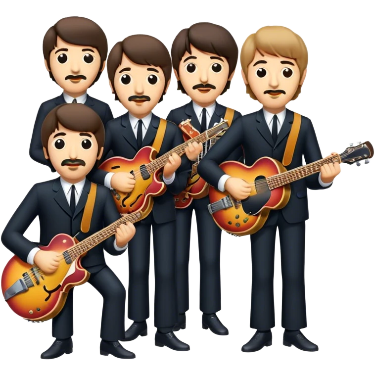 Cinematic Realistic The Beatles Group Emoji, depicted as an iconic band of four exuding playful charisma and musical genius with retro instruments and vibrant expressions, rendered with rich textures and nostalgic dynamic lighting that captures their legendary impact on pop culture. emoji