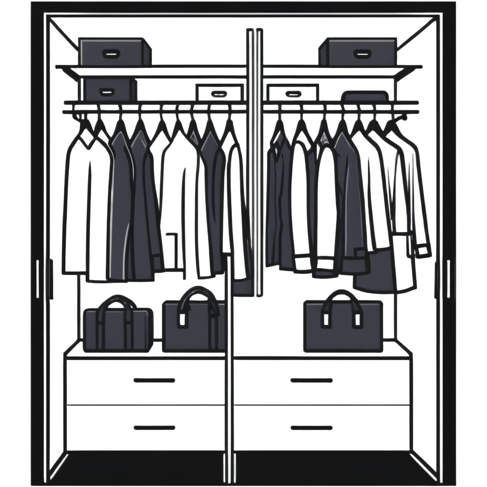 Modern closet with door ajar showing organized professional clothing, work wardrobe storage emoji