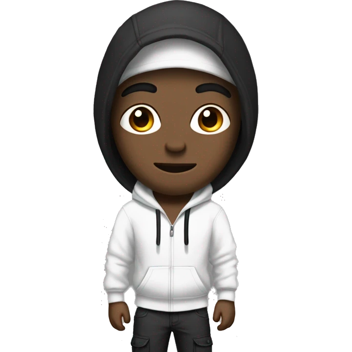 Guy with short straight black hair, wearing a white hoodie and black cargo pants, black and white sneakers, ape emoji