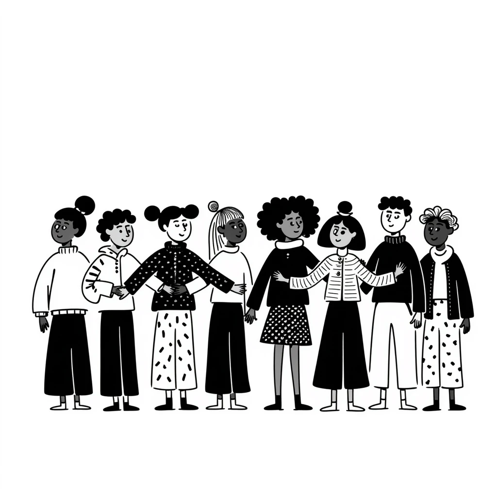 Hand-drawn illustration of people of different skin colors and ethnicities holding hands in a line, symbolizing integration and unity emoji