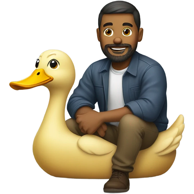 Man with a short beard riding in the back of a giant duck emoji
