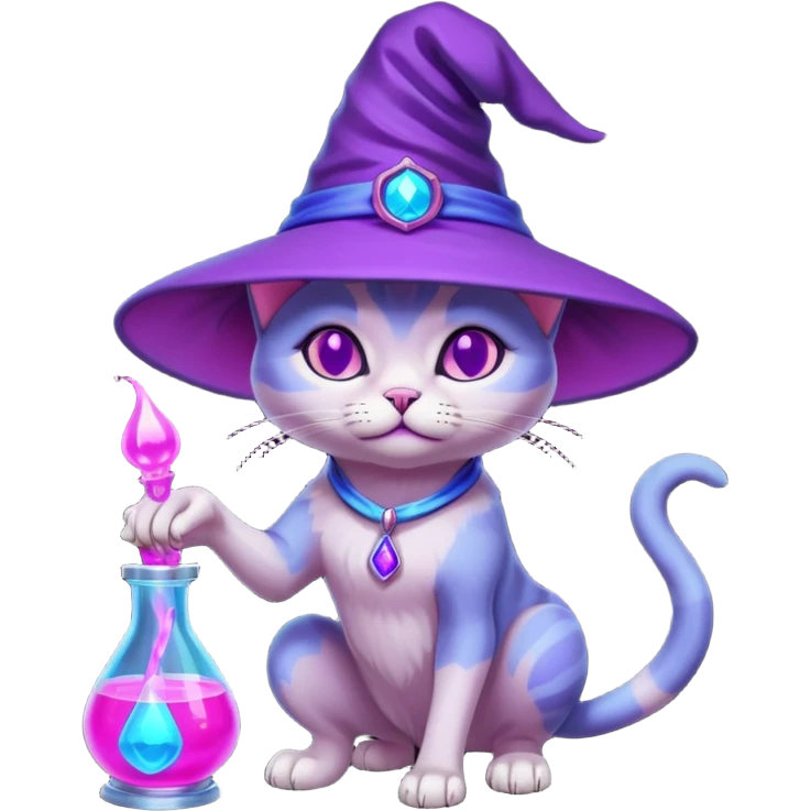 Purple witch cat full body with pink potion neon  and blue potion neon emoji
