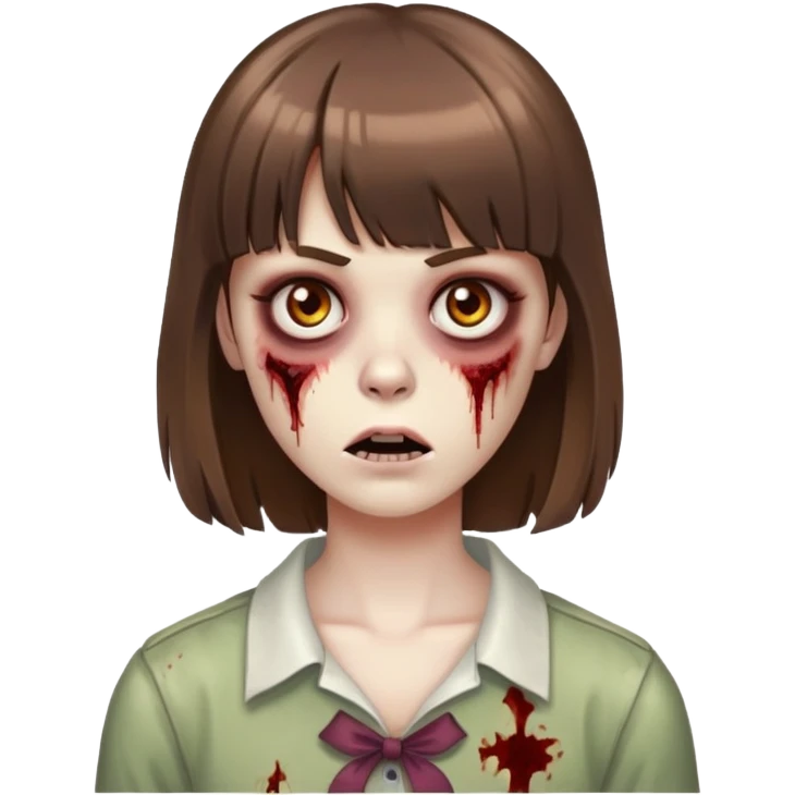 Zombie, brown hair with bangs, brown eyes emoji