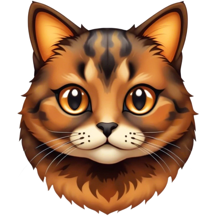 Cinematic Cute Tortoiseshell Cat Portrait Emoji, Head cocked sweetly with bright, curious eyes and a cuddly, mottled fur of rich browns and blacks, simplified yet charmingly adorable, highly detailed, glowing with a warm, gentle radiance, high shine, playful and endearing, styled with a dash of whimsical feline magic, soft glowing outline, capturing the essence of a cute tortoiseshell cat that seems ready to pounce with affectionate mischief! emoji