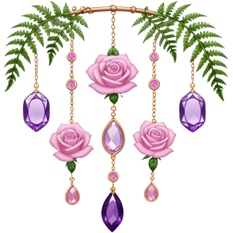 Hanging suncatcher, threads with shiny sparkly amethyst and rose-quartz gemstones, roses, fern-leaves  emoji