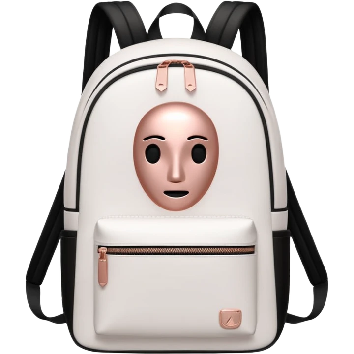 White backpack with rose gold logo and no face emoji