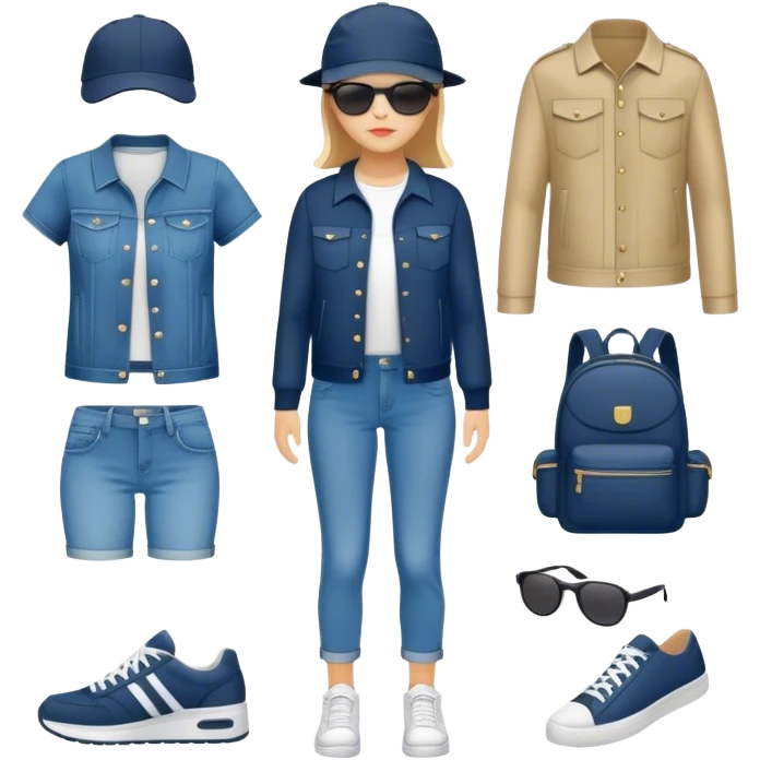 A set of clothing icons in a uniform style. The icons should include various clothing items such as a T-shirt, jeans, dress, jacket, sneakers, hat, and accessories like a backpack or sunglasses. The style should be modern, minimalist, and visually cohesive, with clean lines and a balanced color palette emoji