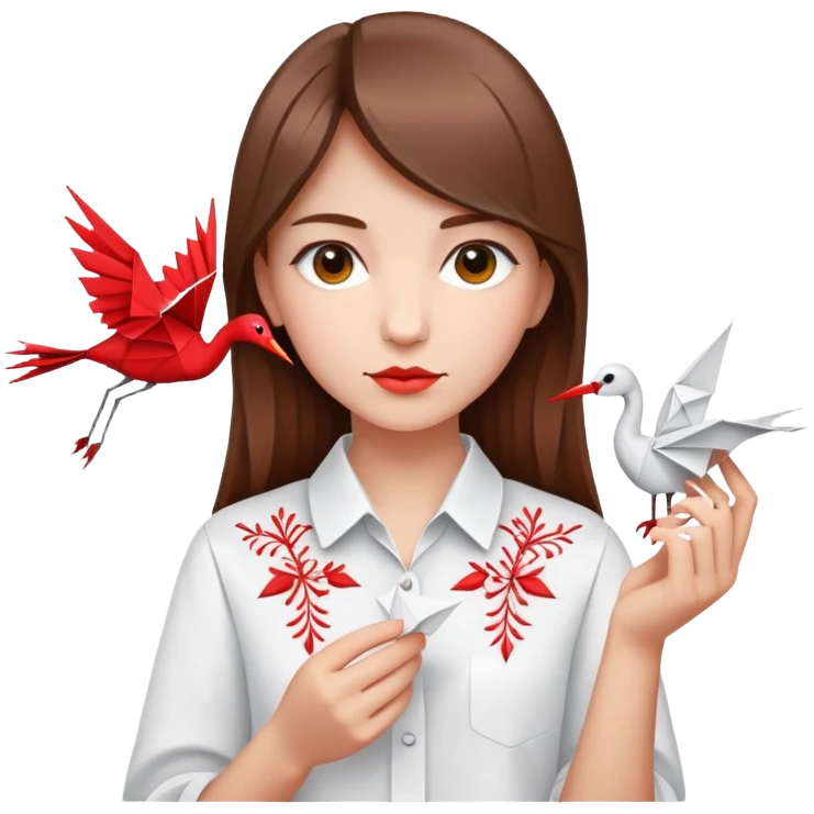 Ukrainian young girl with brown hair wearing a white embroidered shirt holds an origami red crane emoji