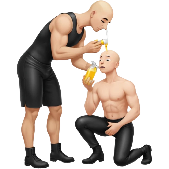 Bald man on his knees submissive to tall, standing man in leather, pouring piss down his throat emoji