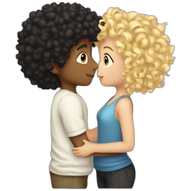 Boy curly blonde hair kissing girl black hair emoji