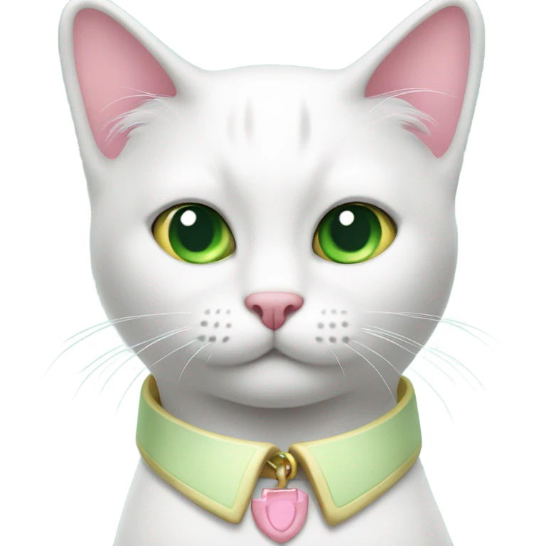 Gato blanco con collar rosa y ojos verde claro emoji