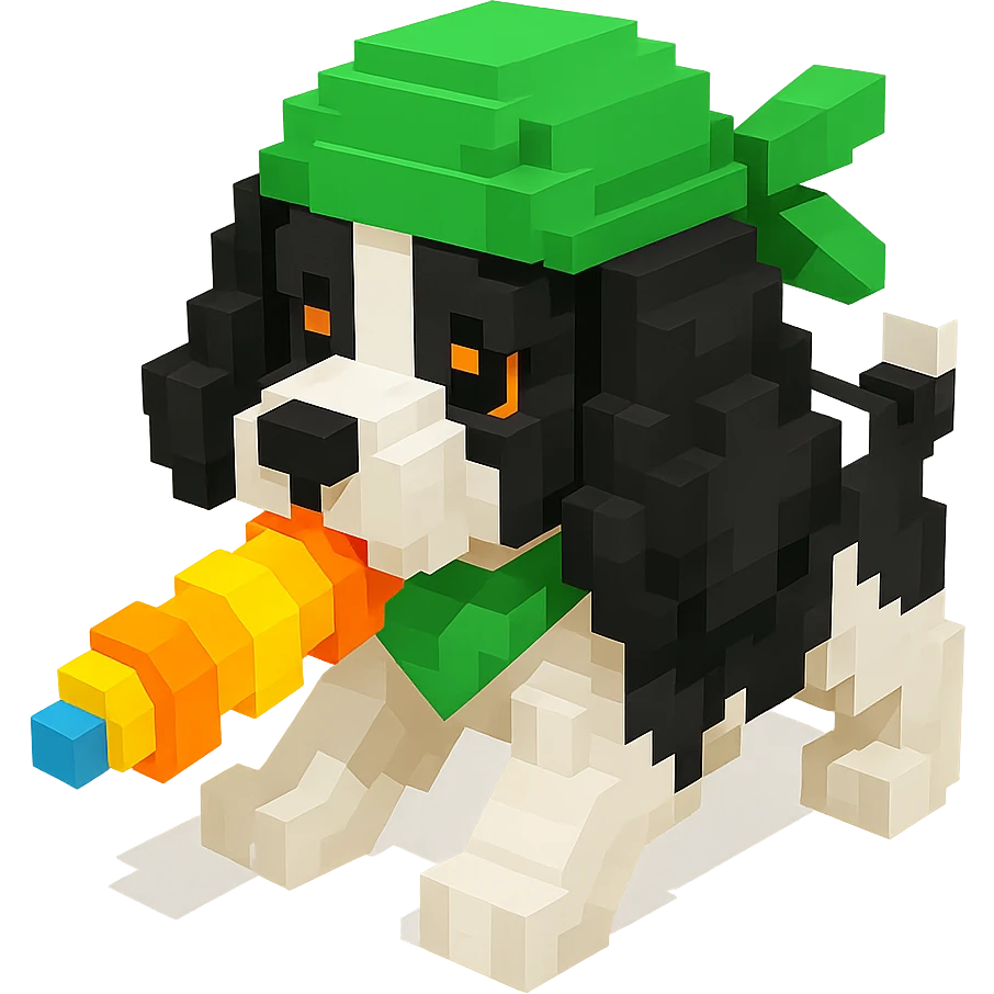 A black and white Russian Cocker Spaniel puppy wearing a green durag, voxel style, playing with a toy emoji