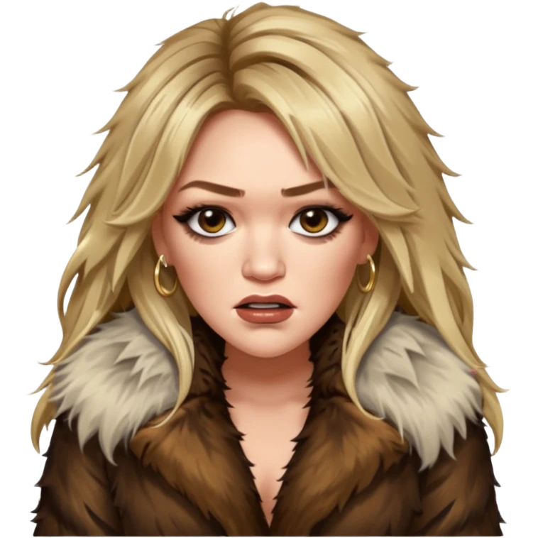 Cinematic realistic ultra HD angry, glamorous extremely made up Hilary Duff extremely long long hair in shaggy fur coat with bronze flash emoji