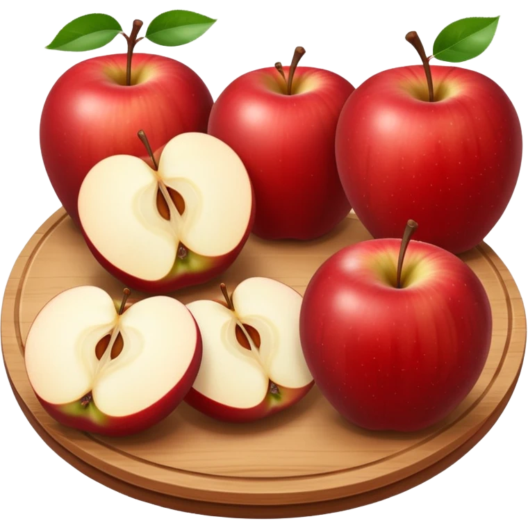 A round wooden board on which there are three whole apples and one apple, cut into two halves and several slices emoji