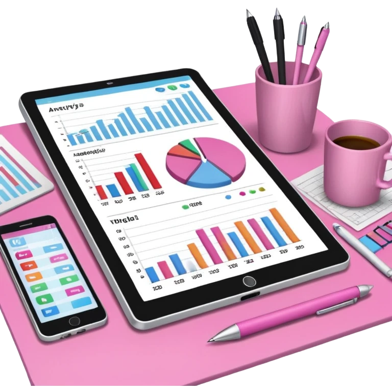 tablet on a desk with papers and pens showing data analysis stuff on it pink emoji