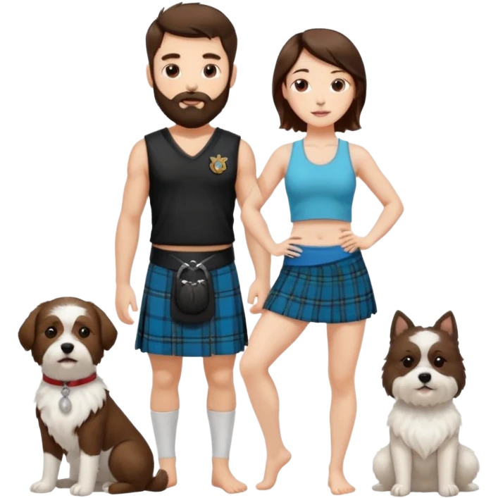 emoji of brunette man with beard wearing kilt, brunette woman in yoga outfit and white fluffy dog emoji