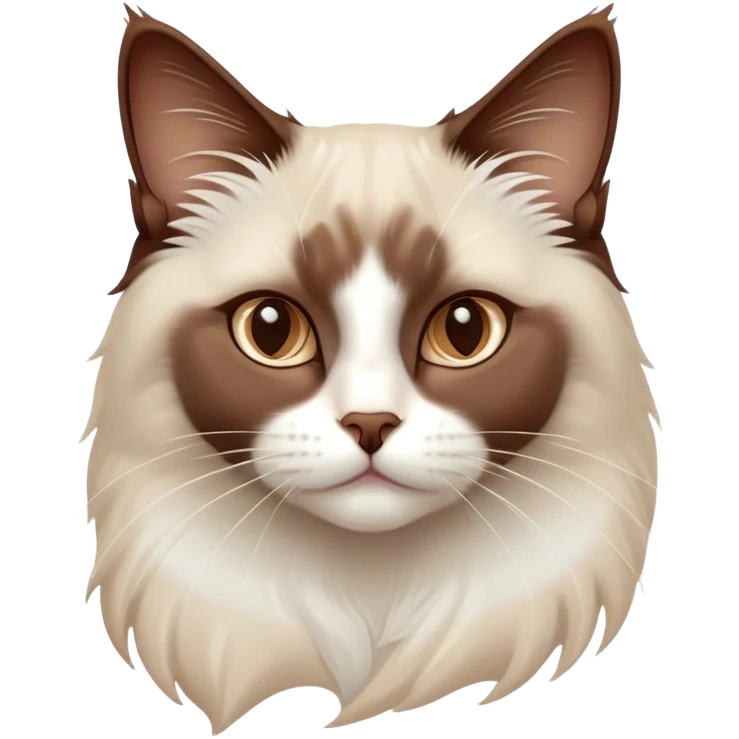 Cinematic Chocolate-Point Ragdoll Cat Portrait Emoji, Elegant and alert, sleek brown and white tones with a distinct white nose, Simplified yet sharp features, highly detailed, glowing with a warm, confident glow, high shine, intelligent and poised, stylized with an air of grace, focused and attentive, soft glowing outline, capturing the essence of calmness and elegance, so lifelike it feels as though it could spring into motion with a gentle, poised presence at any moment! emoji