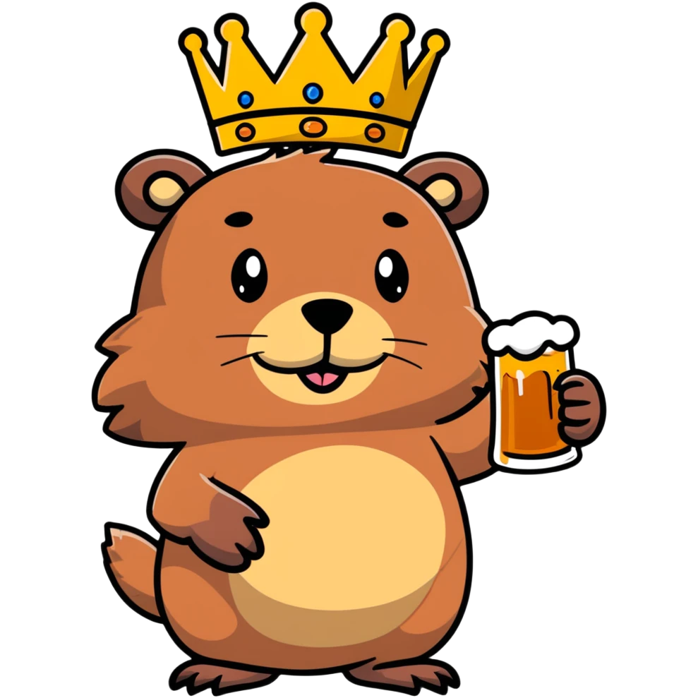 beaver with a crown on her head and a glass of beer in her hands emoji