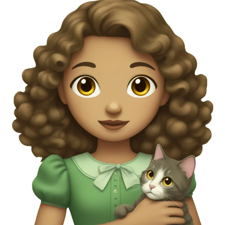 Soft girl wearing green vintage dress with curly brown hair and has a cat emoji
