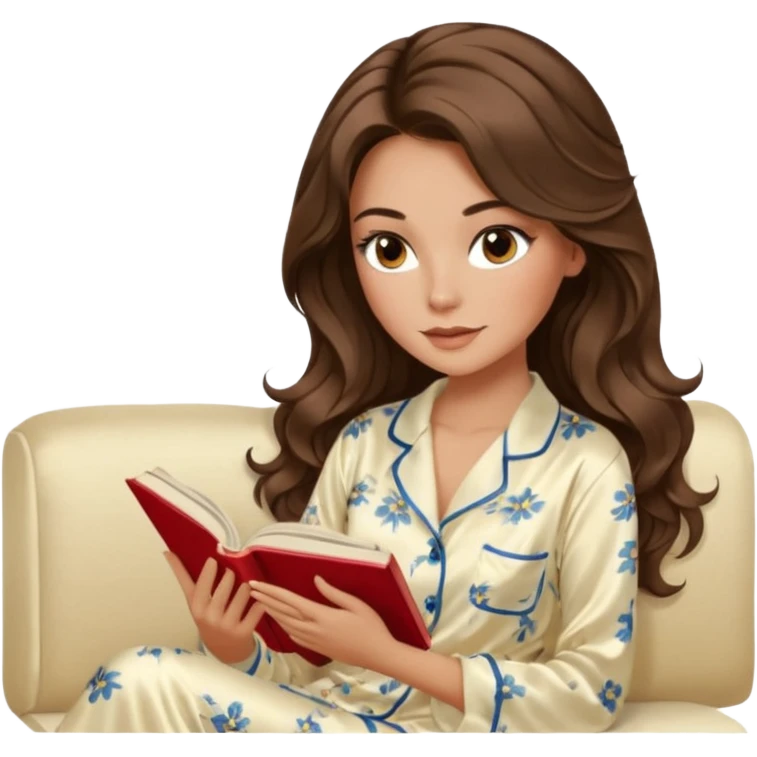 Woman with brunette hair light tanned skin reading on sofa. Long wavy hair. Beige ivory colours. Silk pyjamas. Realistic. Foxeye with lashes. Glamorous makeup emoji