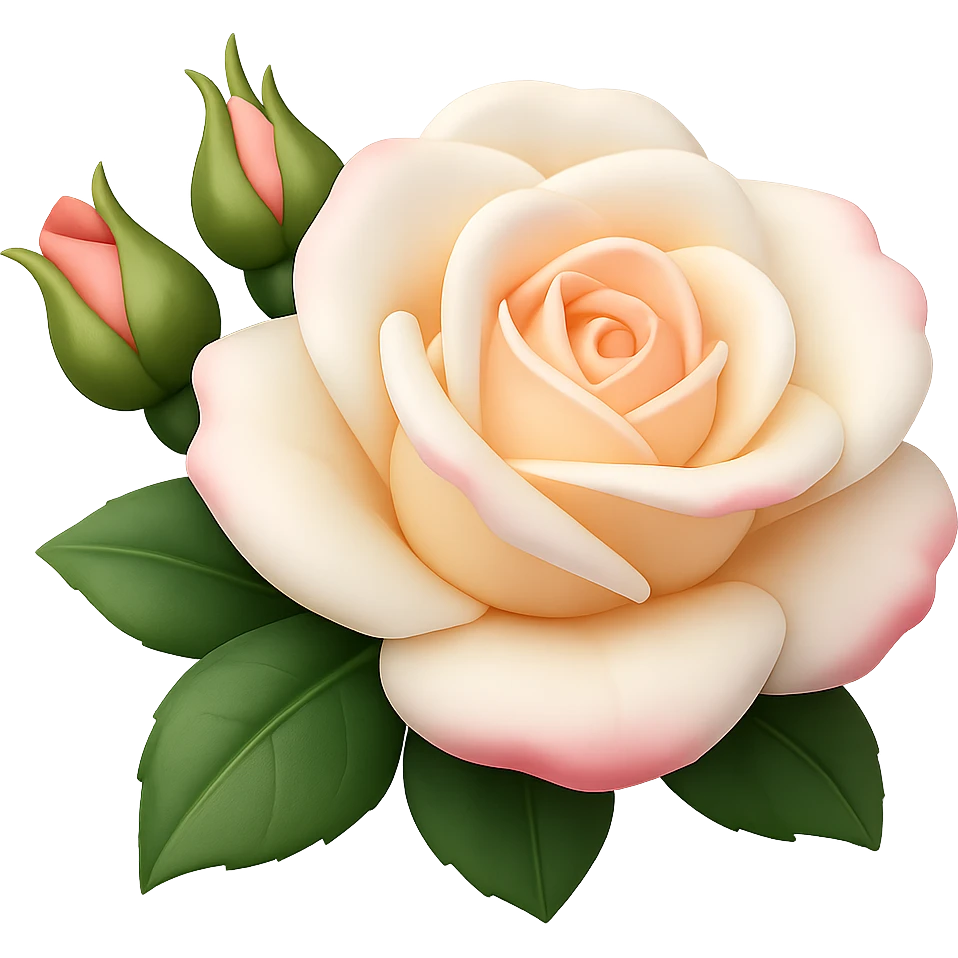 Create a square 3D illustration of a white and pink rose with buds and leaves in the style of iOS Apple emoji, featuring voluminous petals, on a transparent background. The style should mimic the detailed and polished look of Apple emojis with a 3D effect. emoji