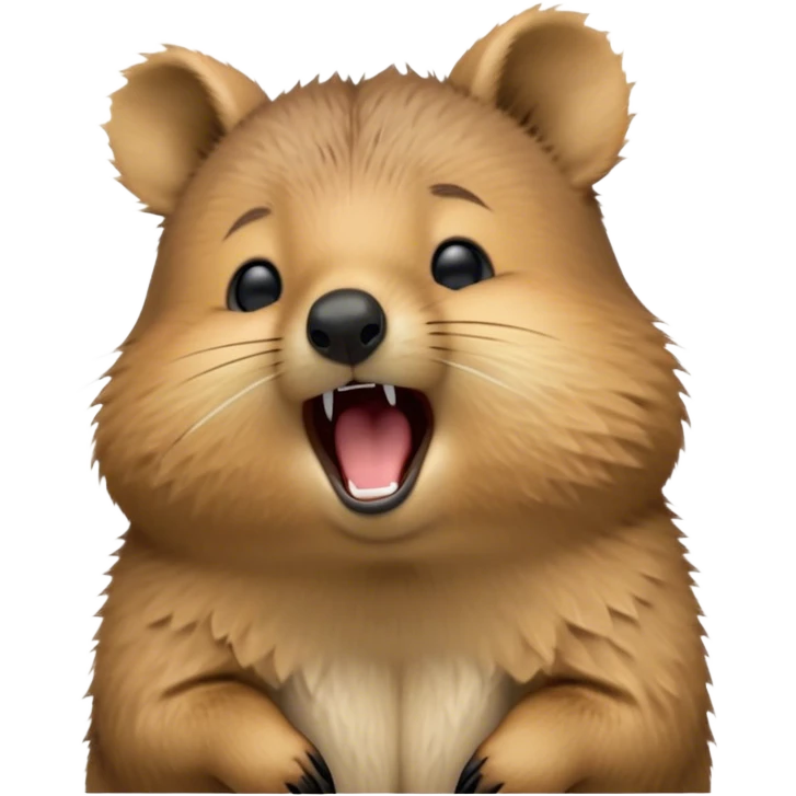 Cinematic Cute Yawning Quokka Portrait Emoji, Head tilted slightly with a dramatic, wide-open yawn, showcasing a soft, downy brown fur with a slightly droopy expression and eyes barely open in drowsy contentment, Simplified yet irresistibly adorable features, highly detailed, glowing with a soft, cozy glow, high shine, relaxed yet expressive, stylized with a touch of playful charm, bright and endearing, soft glowing outline, capturing the essence of a sleepy yet affectionate quokka, so drowsy it feels like it could stretch out of the screen and curl up for a nap! emoji