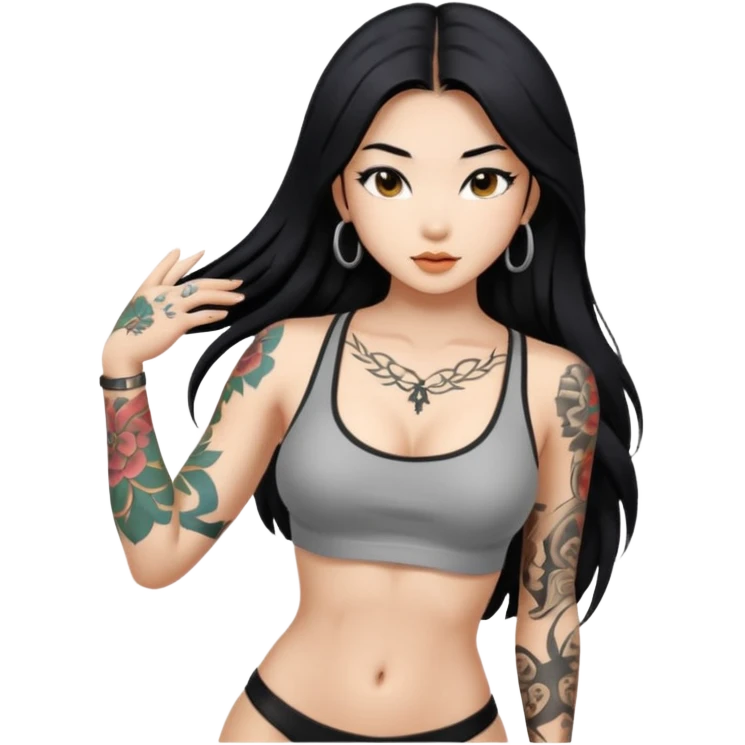 Sexy and fit Asian girl with long black hair and tattoos on body sfw emoji