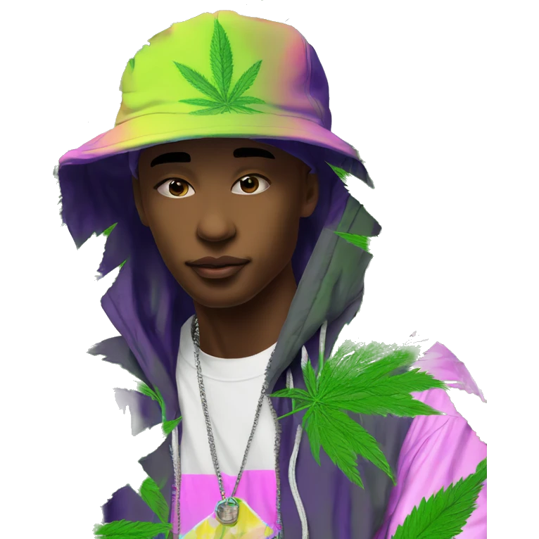 Hemp leaves Multicoloured neon person smoking wearing hoodie dancing hip hop bucket hat tropical Skater fashion aesthetic baggy clothes graphic t shirt 420 emoji
