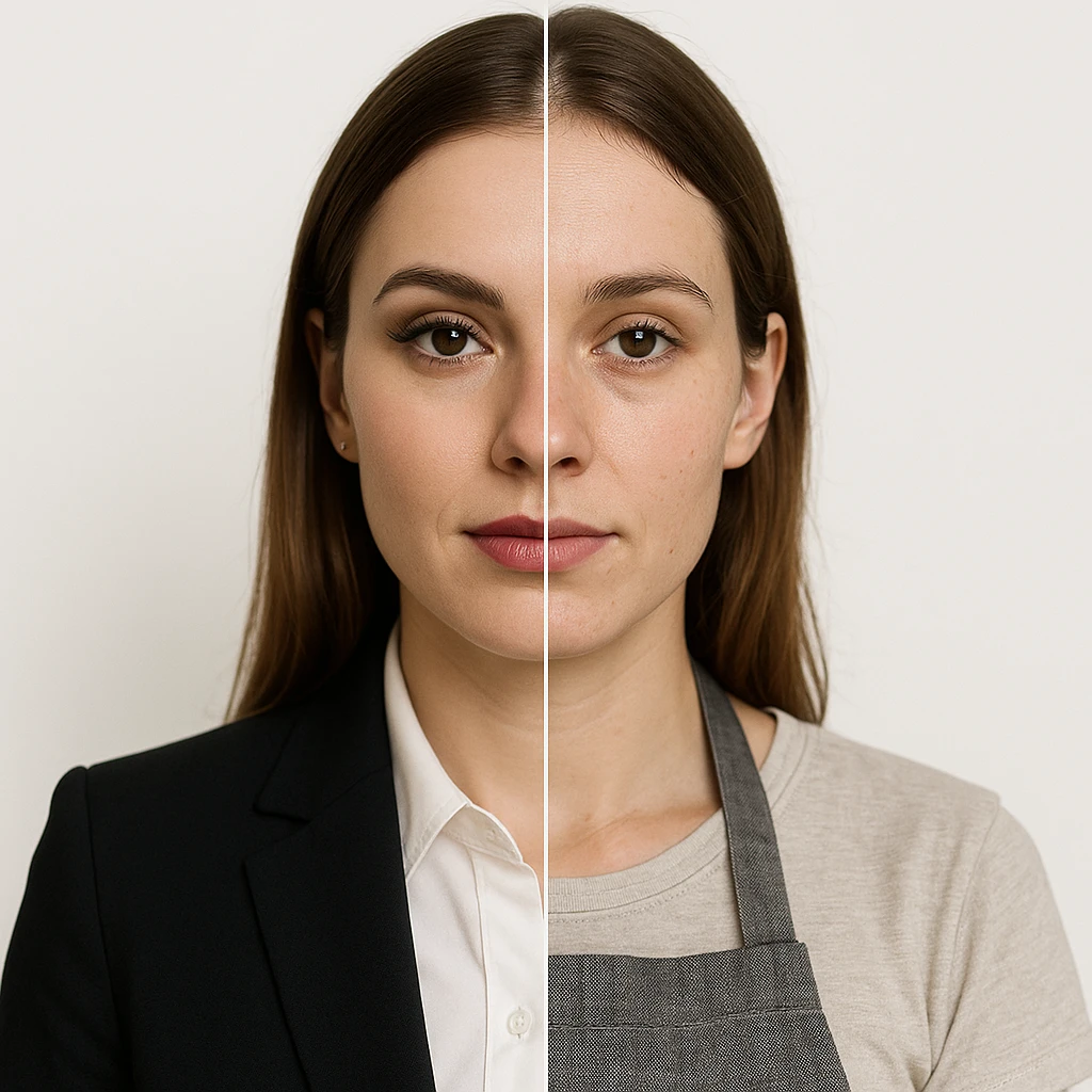 hyper realistic split-image of a woman, half face with professional makeup and business attire, half face natural, kitchen apron, white background, symmetry, clear contrast emoji