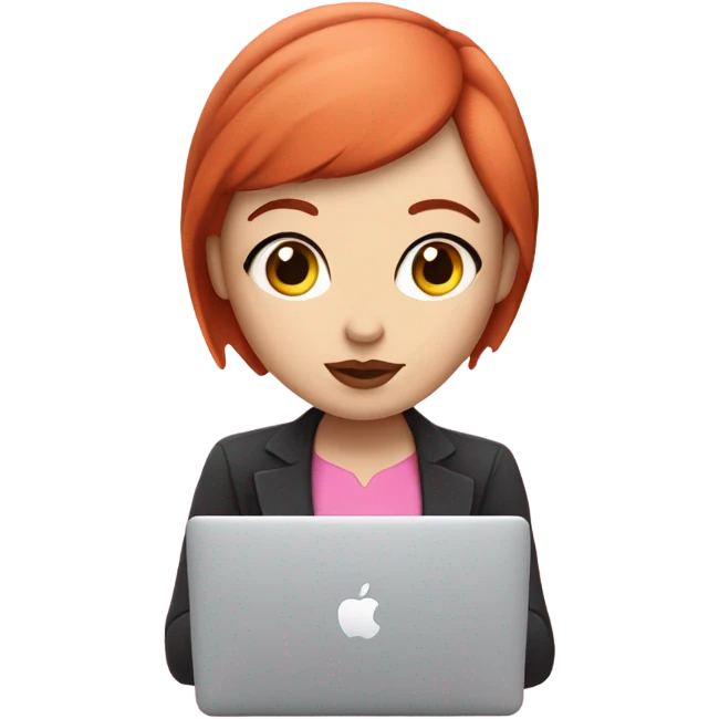 Woman with straight short red hair, white skin, big pinky lips, big eyes, calm face, in pink clothes works on macbook emoji