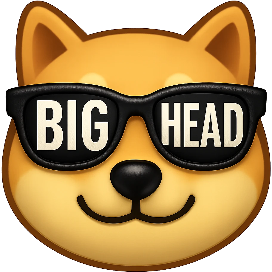 emoji style close-up of a Shiba Inu face wearing sunglasses with the text 'BIG HEAD' inside the sunglasses lenses emoji
