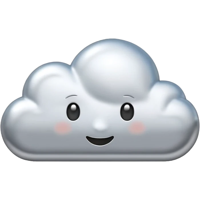 A cute cloud emoji made of silver chrome, smooth rounded shape, glossy metallic surface, soft reflections, minimal and friendly design, iOS emoji style, centered, clean white background, soft lighting emoji