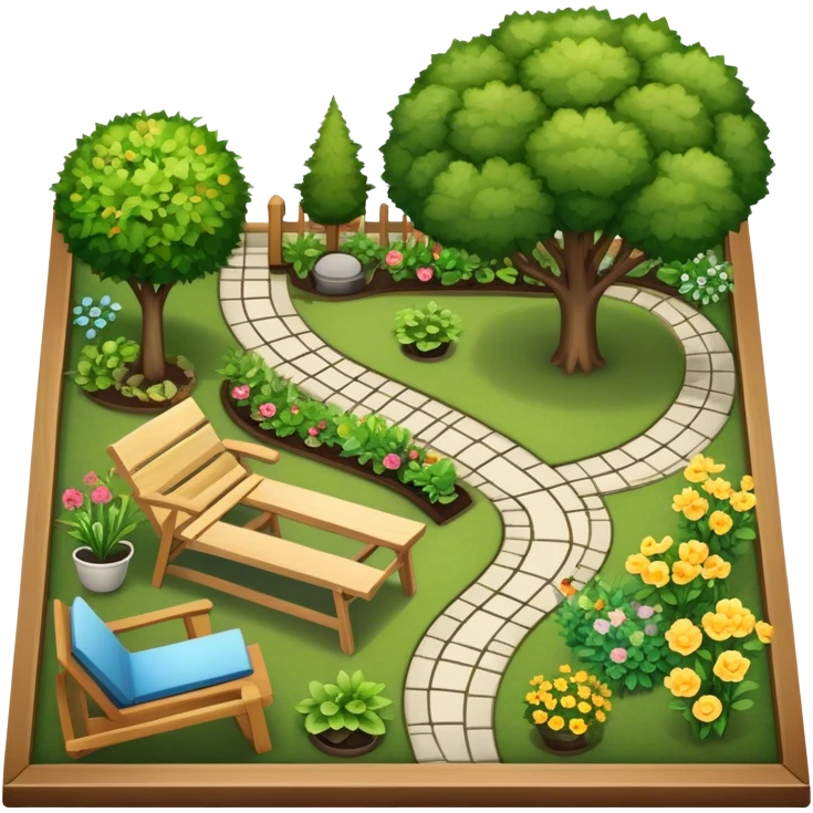 Icon for Landscape Design: a garden layout with trees, plants, pathways, and outdoor furniture, along with design tools like a ruler, pencil and sketchpad. The icon should represent the creativity and planning behind landscape design. Transparent background. emoji