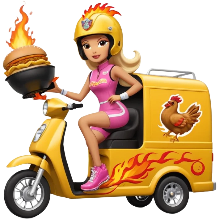 Hispanic pollo loco Barbie’s insanely flaming hot butt burning chicken sandwich Extended length Sprinter 4500 van high roof off road rally delivery food truck capable of rock and desert racing  emoji