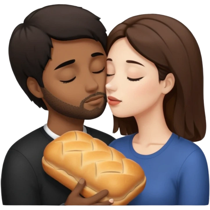White woman with brown hair with eyes closed kissing forehead of brown man with black hair and a bread with eyes also closed emoji