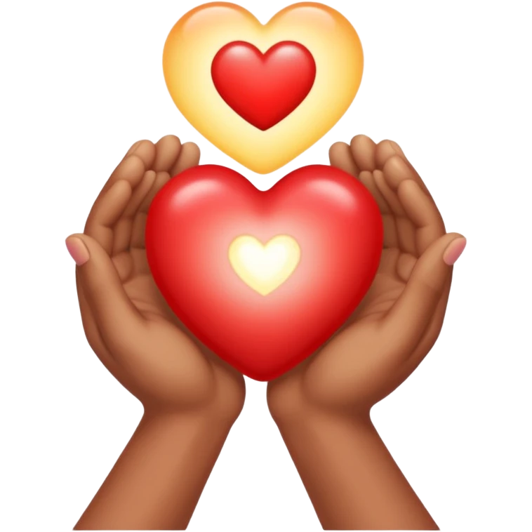 two hands gently holding a small glowing heart emoji