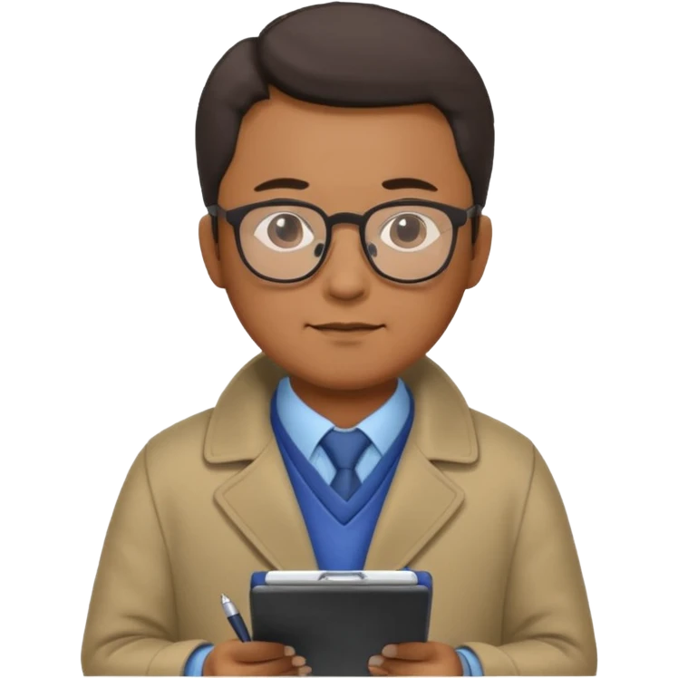 Middle-aged asian male vet – glasses, coat, writing notes on clipboard. emoji
