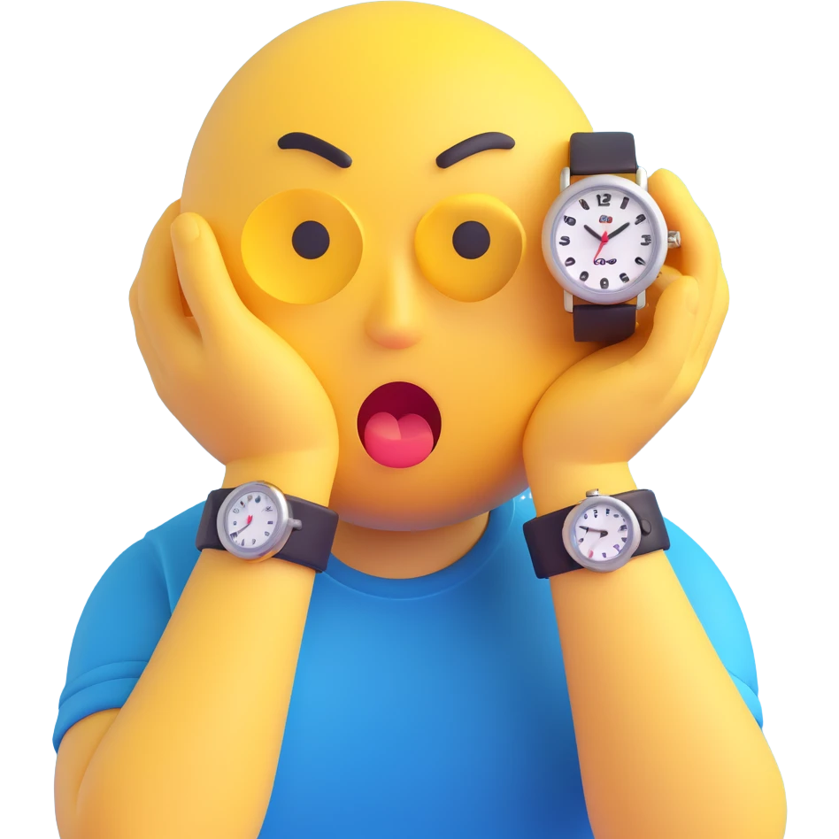 A yellow emoji face with a worried expression, looking at a wristwatch with raised eyebrows, showing urgency and stress emoji