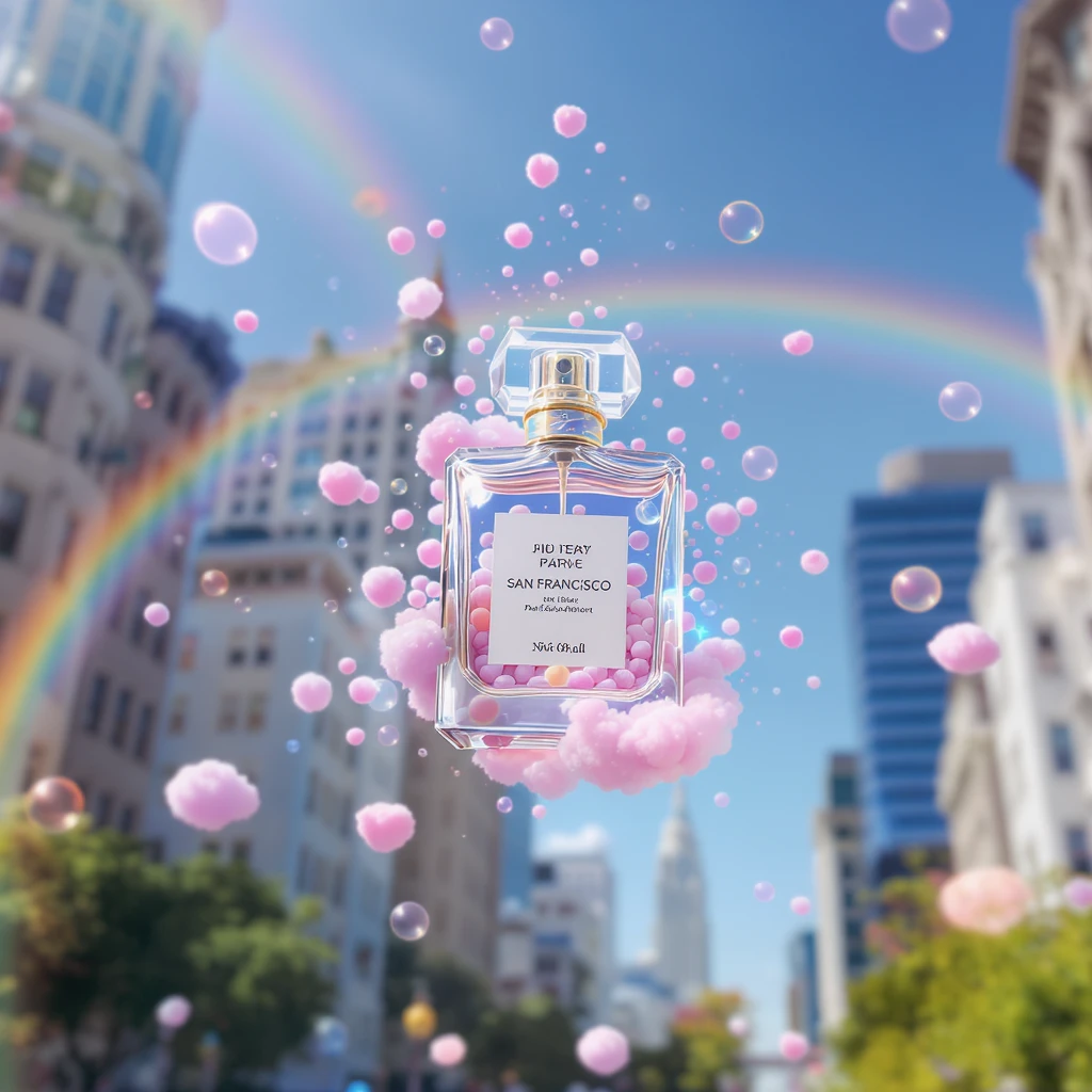 Cinematic still perfume bottle inside bubbles flying around San Francisco downtown, sunny summer day, happy vibe, colorfull surround, rainbow, small cute pink clouds around emoji